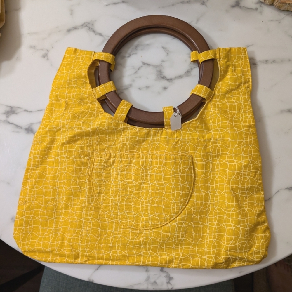 Handmade Yellow Patterned Women's Bag with Wooden Handles